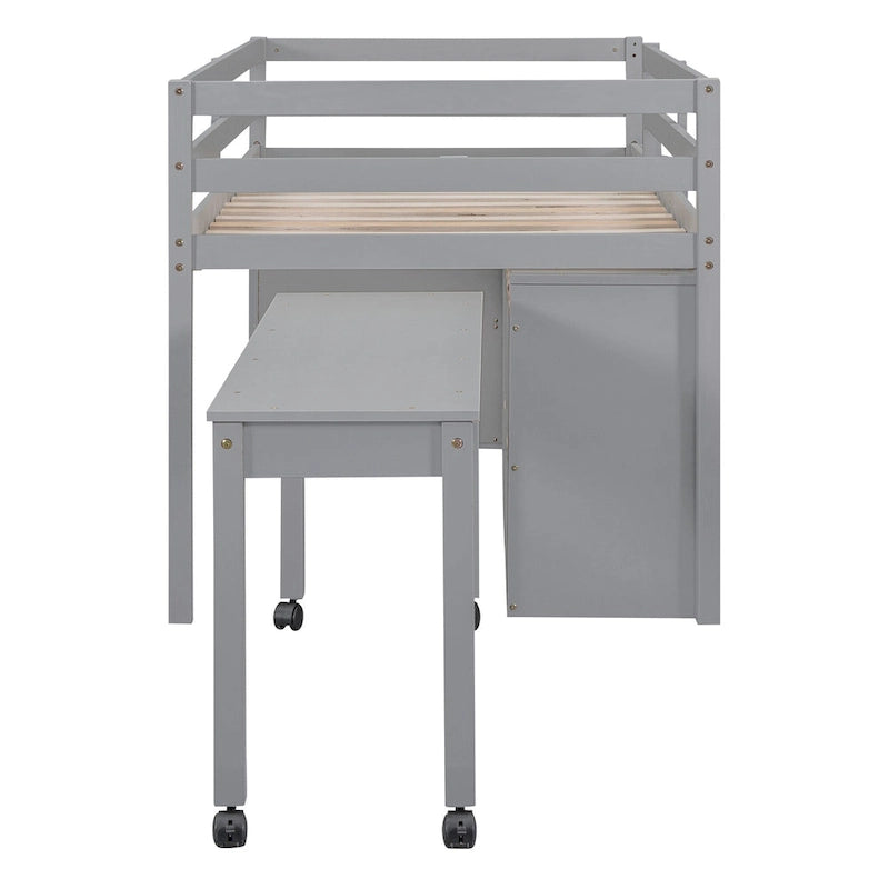 Lit mezzanine gris en bois massif pour une personne avec bureau coulissant, 4 tiroirs, bureau latéral portable et étagères