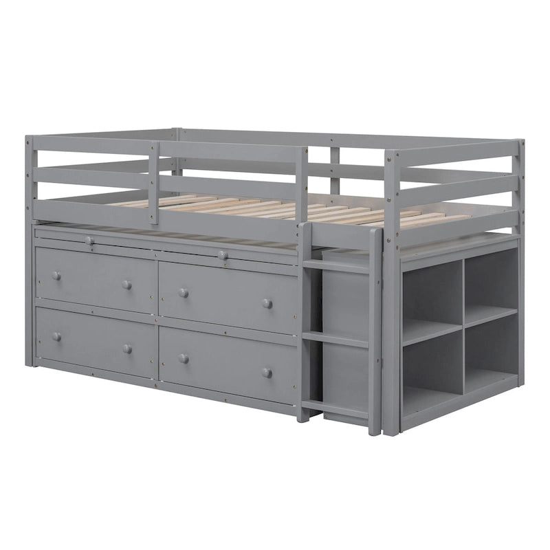 Lit mezzanine gris en bois massif pour une personne avec bureau coulissant, 4 tiroirs, bureau latéral portable et étagères