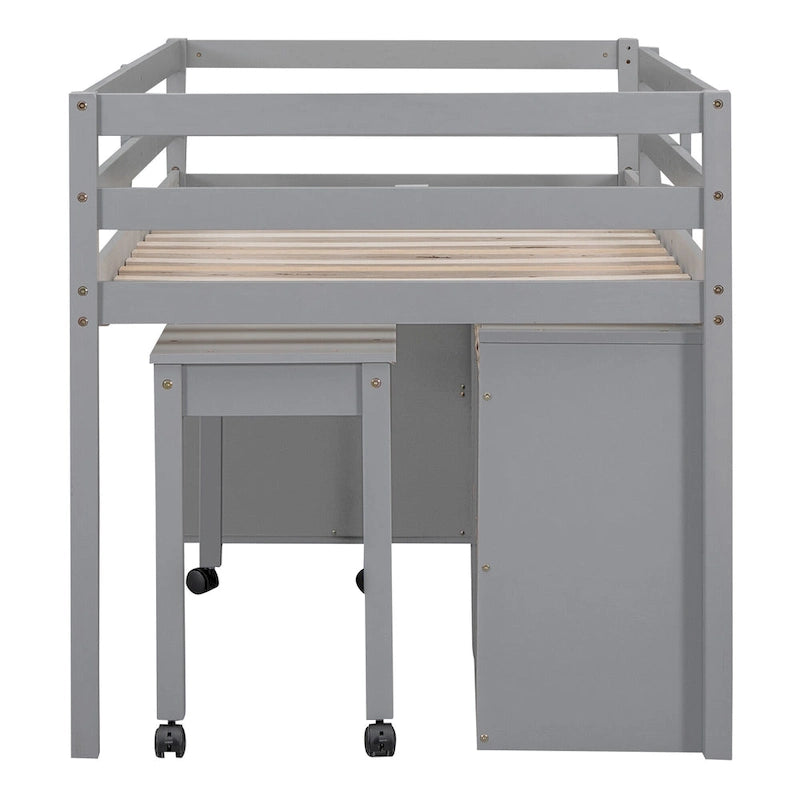 Lit mezzanine gris en bois massif pour une personne avec bureau coulissant, 4 tiroirs, bureau latéral portable et étagères
