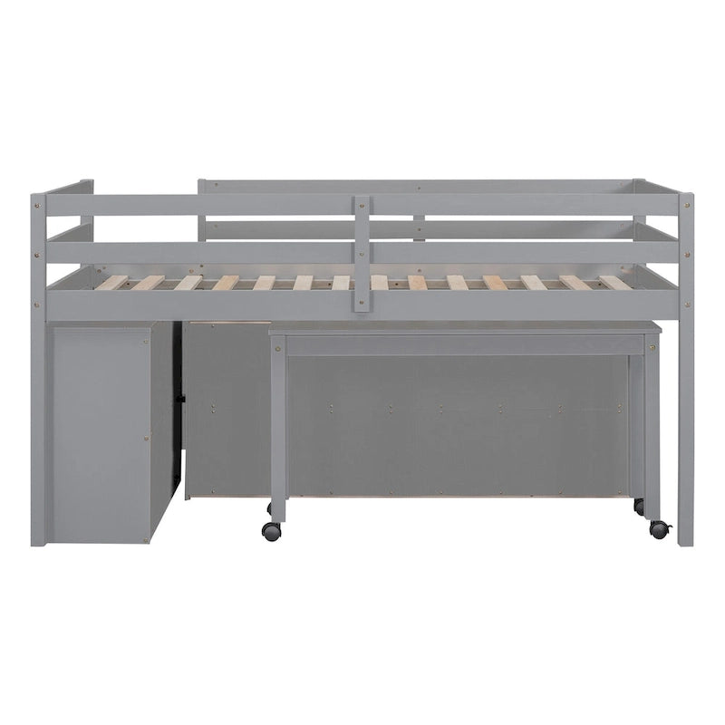 Lit mezzanine gris en bois massif pour une personne avec bureau coulissant, 4 tiroirs, bureau latéral portable et étagères