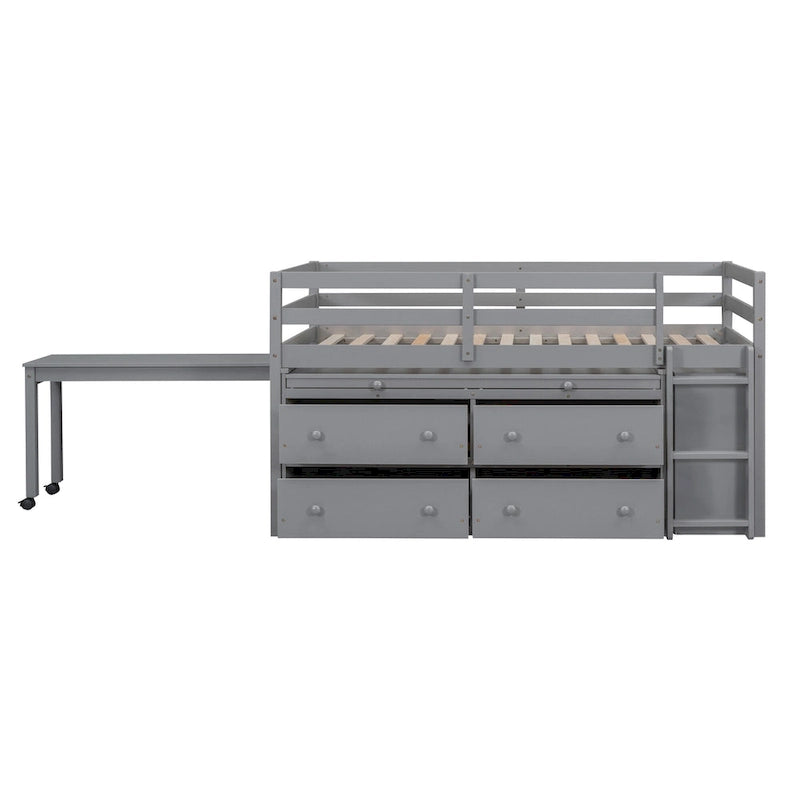 Lit mezzanine gris en bois massif pour une personne avec bureau coulissant, 4 tiroirs, bureau latéral portable et étagères