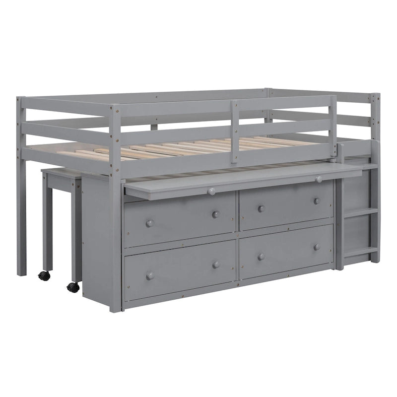 Lit mezzanine gris en bois massif pour une personne avec bureau coulissant, 4 tiroirs, bureau latéral portable et étagères