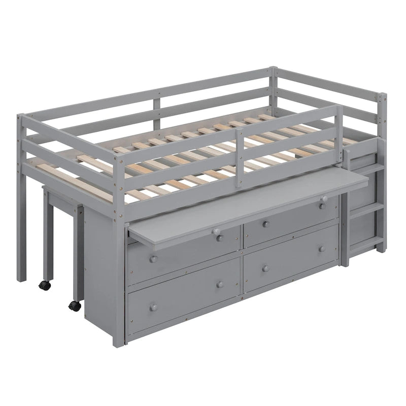 Lit mezzanine gris en bois massif pour une personne avec bureau coulissant, 4 tiroirs, bureau latéral portable et étagères