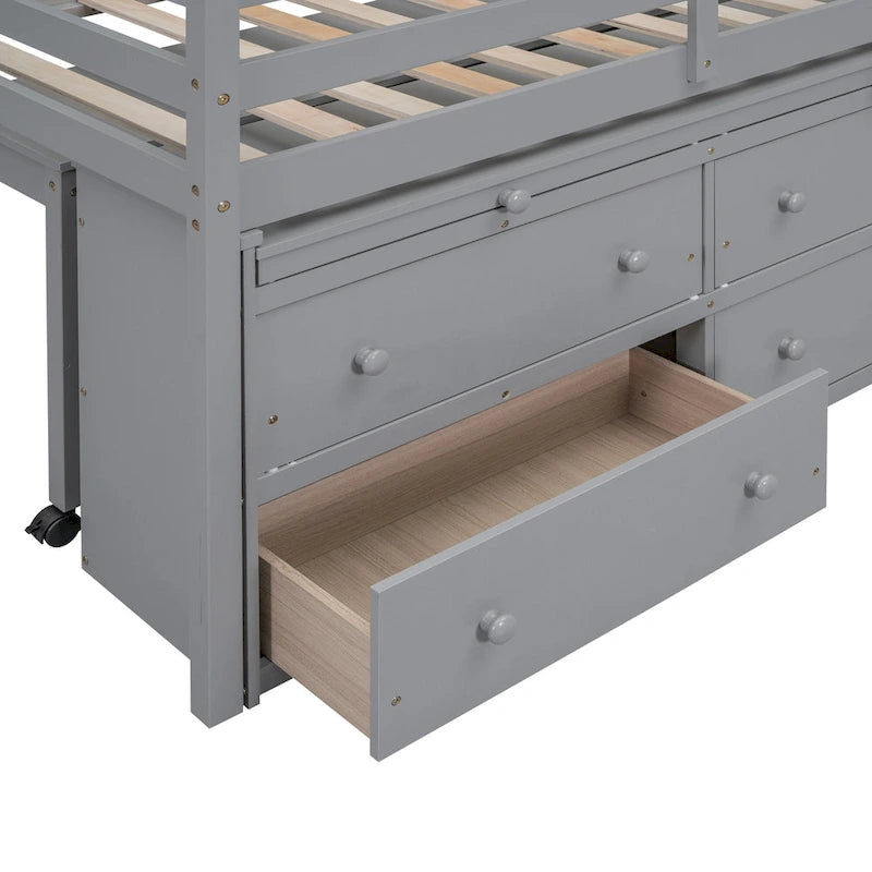 Lit mezzanine gris en bois massif pour une personne avec bureau coulissant, 4 tiroirs, bureau latéral portable et étagères