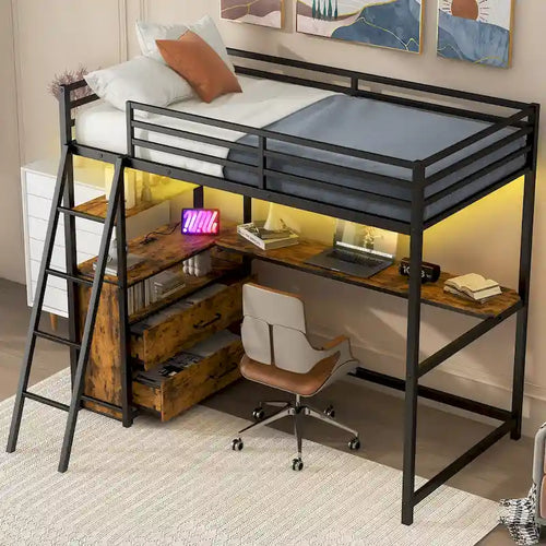 Lit mezzanine noir en métal et bois, taille double, avec bureau et étagères, deux tiroirs intégrés, éclairage LED et station de charge USB