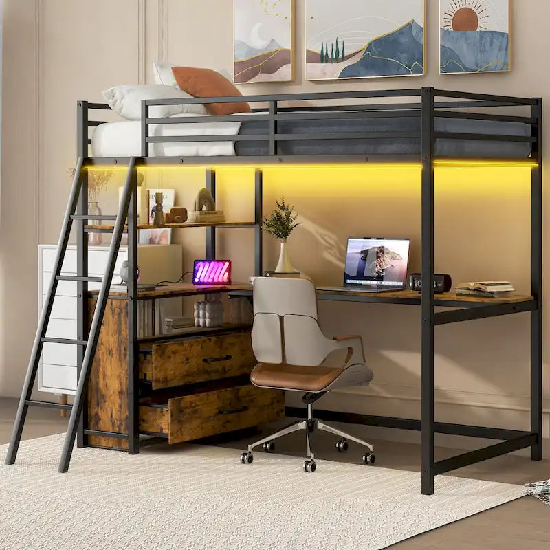 Lit mezzanine noir en métal et bois, taille double, avec bureau et étagères, deux tiroirs intégrés, éclairage LED et station de charge USB
