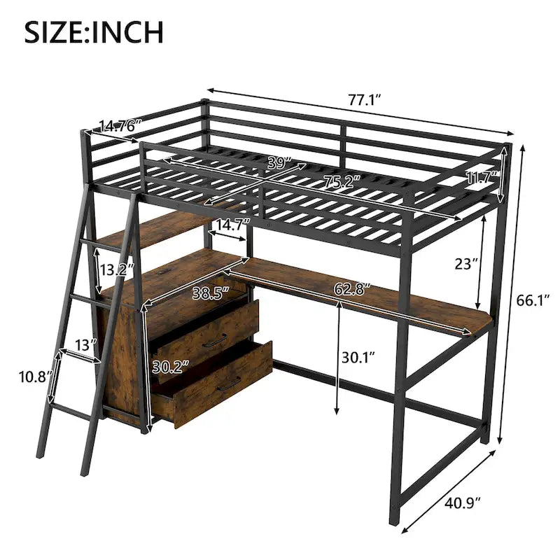 Lit mezzanine noir en métal et bois, taille double, avec bureau et étagères, deux tiroirs intégrés, éclairage LED et station de charge USB