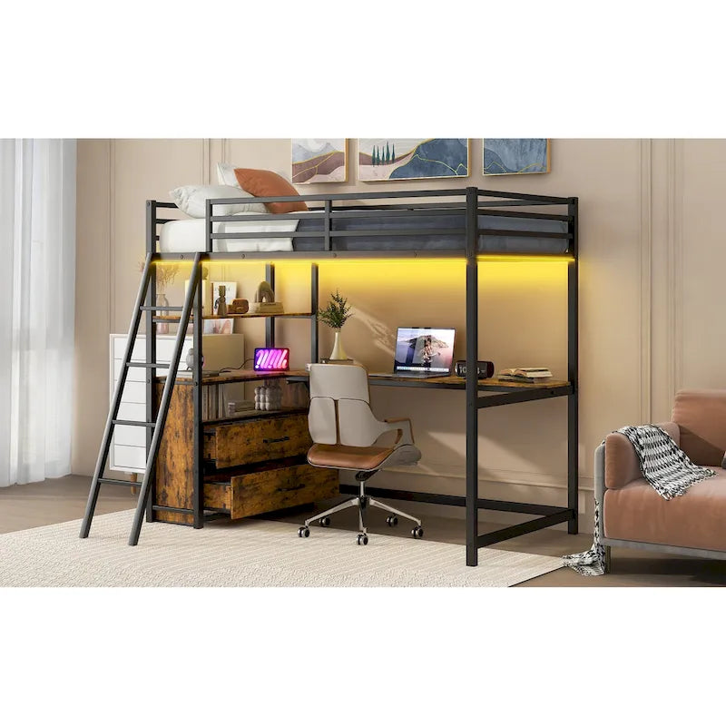 Lit mezzanine noir en métal et bois, taille double, avec bureau et étagères, deux tiroirs intégrés, éclairage LED et station de charge USB