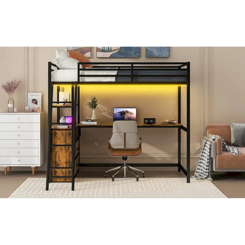 Lit mezzanine noir en métal et bois, taille double, avec bureau et étagères, deux tiroirs intégrés, éclairage LED et station de charge USB