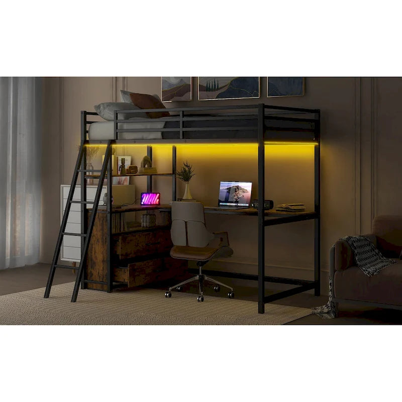 Lit mezzanine noir en métal et bois, taille double, avec bureau et étagères, deux tiroirs intégrés, éclairage LED et station de charge USB