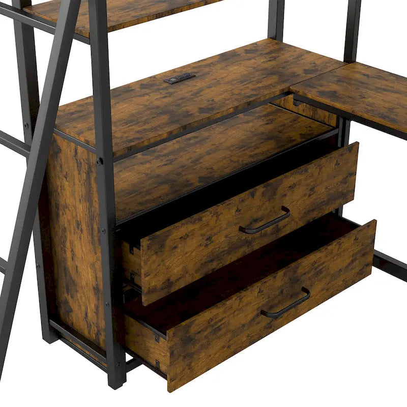 Lit mezzanine noir en métal et bois, taille double, avec bureau et étagères, deux tiroirs intégrés, éclairage LED et station de charge USB