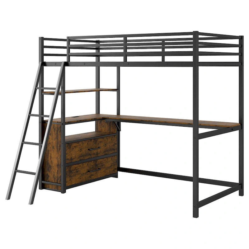 Lit mezzanine noir en métal et bois, taille double, avec bureau et étagères, deux tiroirs intégrés, éclairage LED et station de charge USB