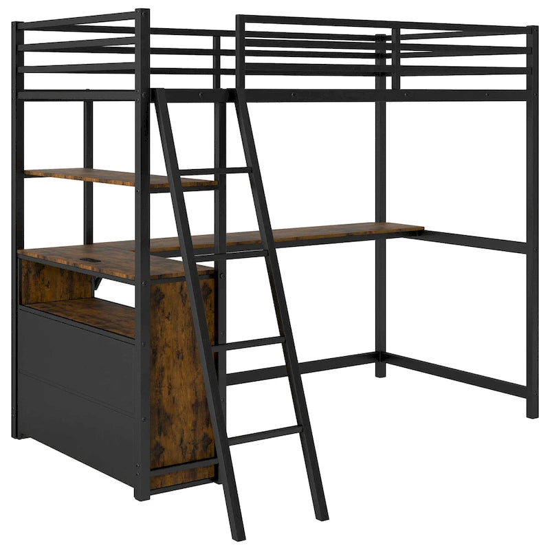 Lit mezzanine noir en métal et bois, taille double, avec bureau et étagères, deux tiroirs intégrés, éclairage LED et station de charge USB