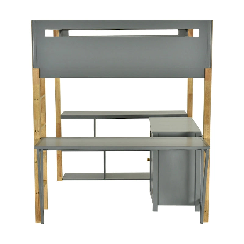 Lit mezzanine gris en bois massif pour jumeaux avec armoire de rangement et bureau