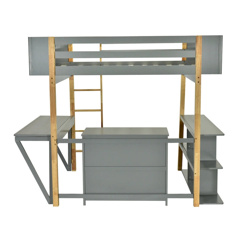 Lit mezzanine gris en bois massif pour jumeaux avec armoire de rangement et bureau