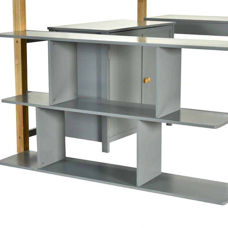 Lit mezzanine gris en bois massif pour jumeaux avec armoire de rangement et bureau