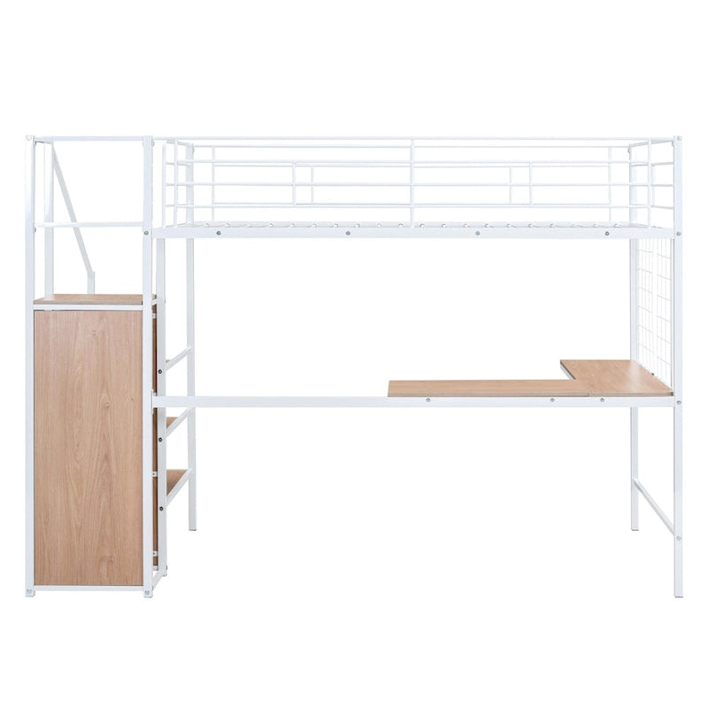 Lit mezzanine double moderne blanc en métal avec rangement