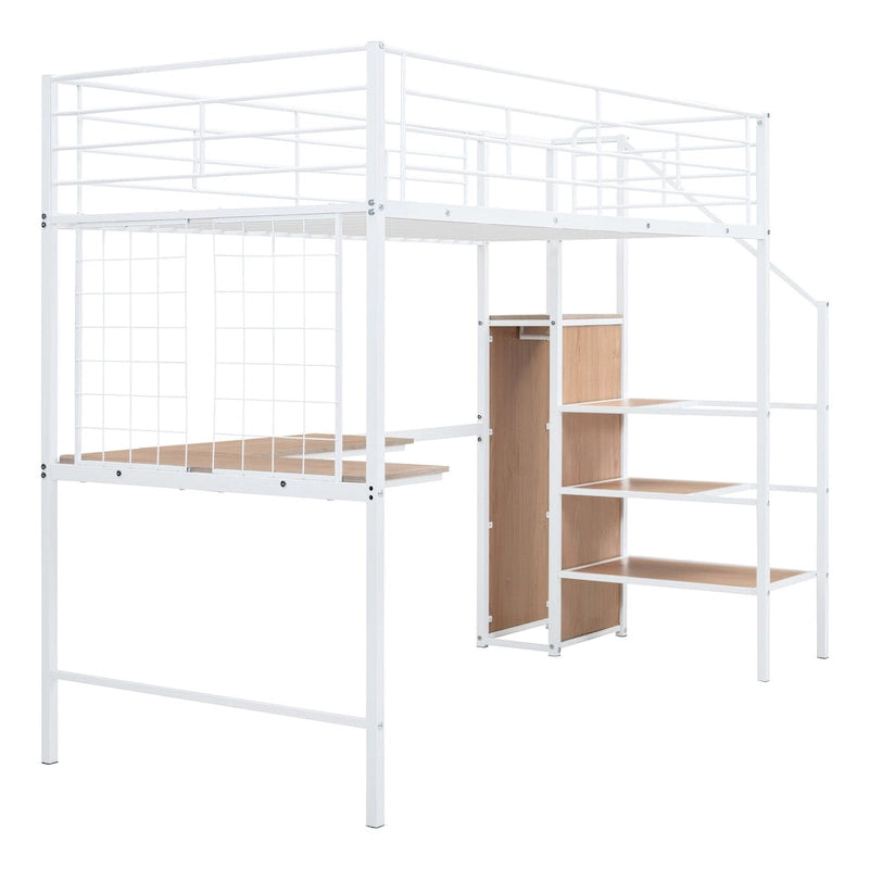 Lit mezzanine double moderne blanc en métal avec rangement