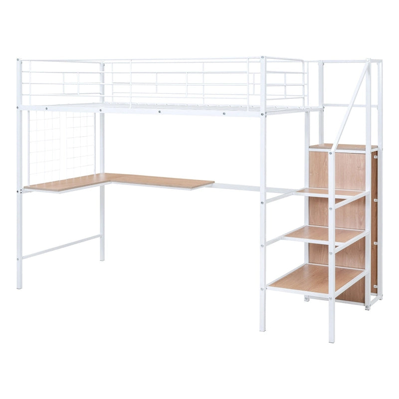 Lit mezzanine double moderne blanc en métal avec rangement