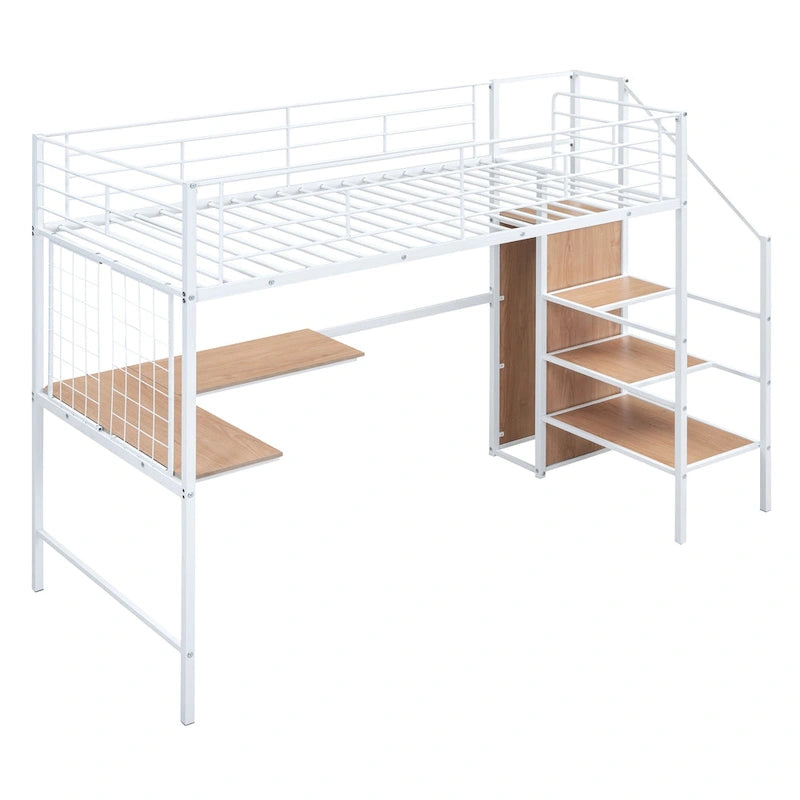 Lit mezzanine double moderne blanc en métal avec rangement