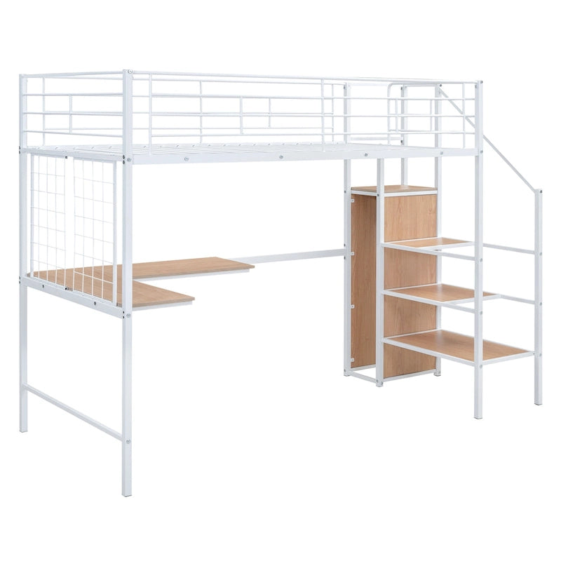 Lit mezzanine double moderne blanc en métal avec rangement