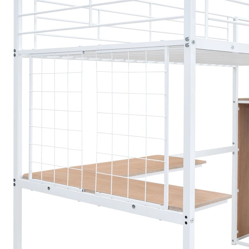 Lit mezzanine double moderne blanc en métal avec rangement