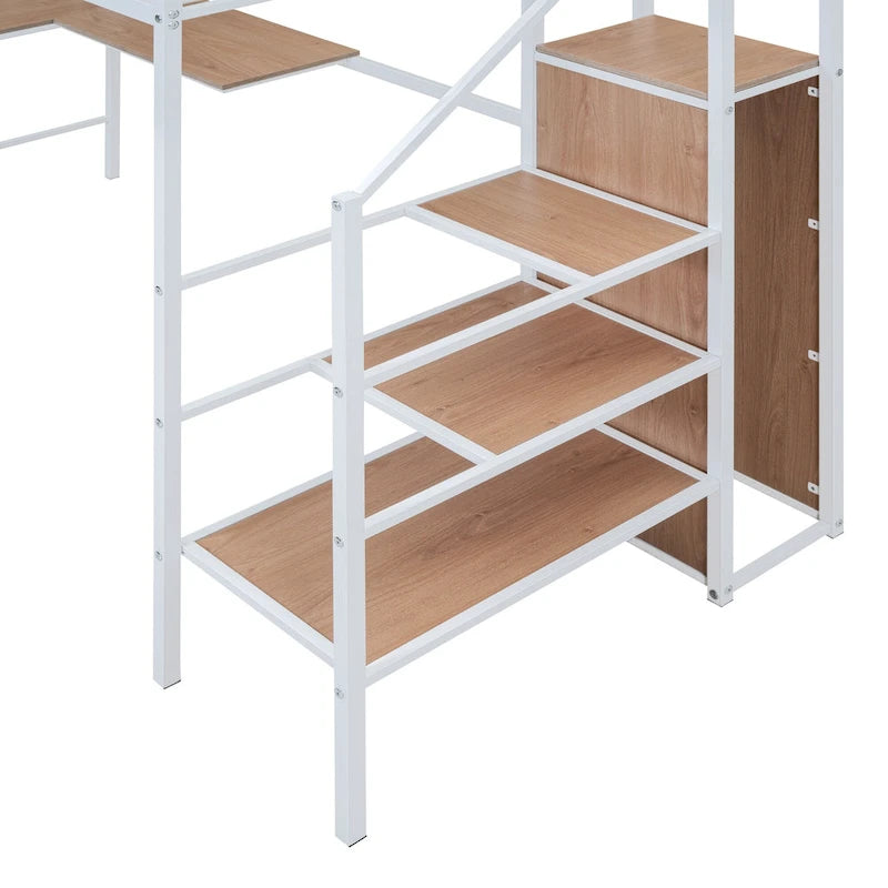 Lit mezzanine double moderne blanc en métal avec rangement