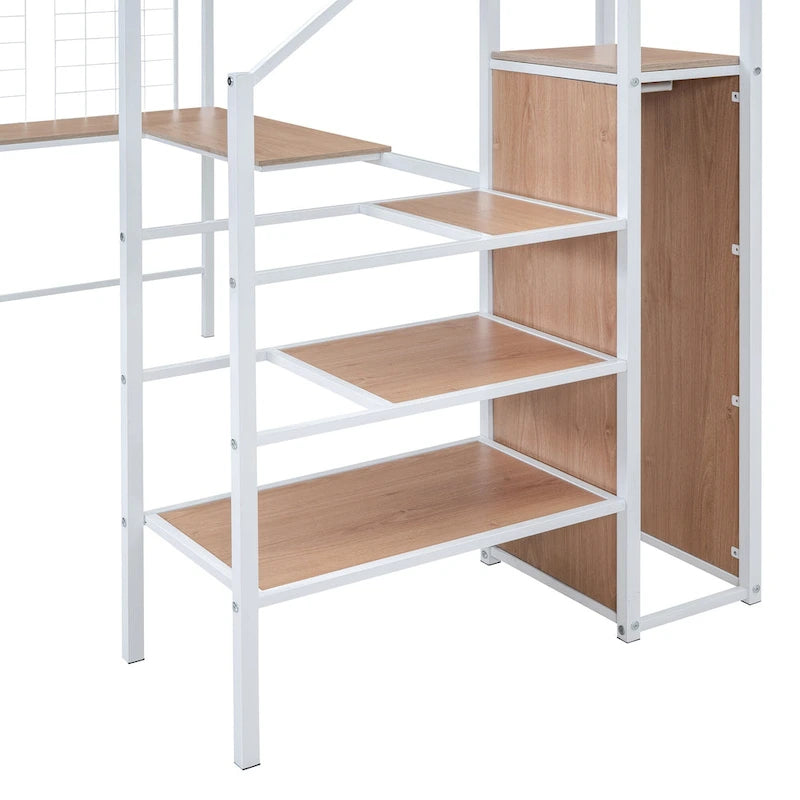 Lit mezzanine double moderne blanc en métal avec rangement