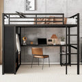 Lit mezzanine Queen noir avec armoire intégrée, bureau et étagères de rangement, design peu encombrant