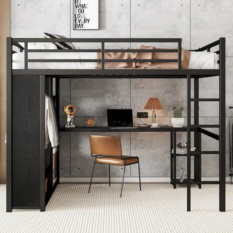 Lit mezzanine Queen noir avec armoire intégrée, bureau et étagères de rangement, design peu encombrant