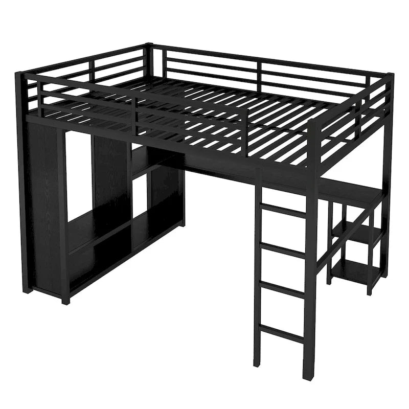 Lit mezzanine Queen noir avec armoire intégrée, bureau et étagères de rangement, design peu encombrant