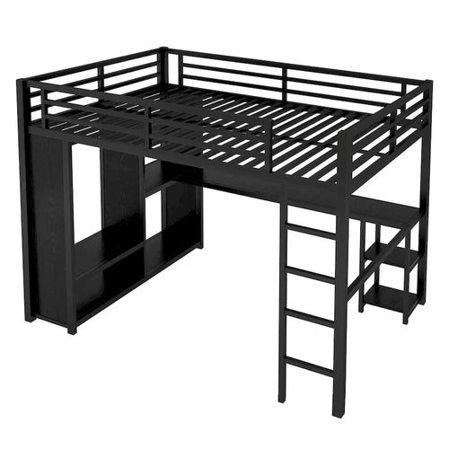 Lit mezzanine Queen noir avec armoire intégrée, bureau et étagères de rangement, design peu encombrant