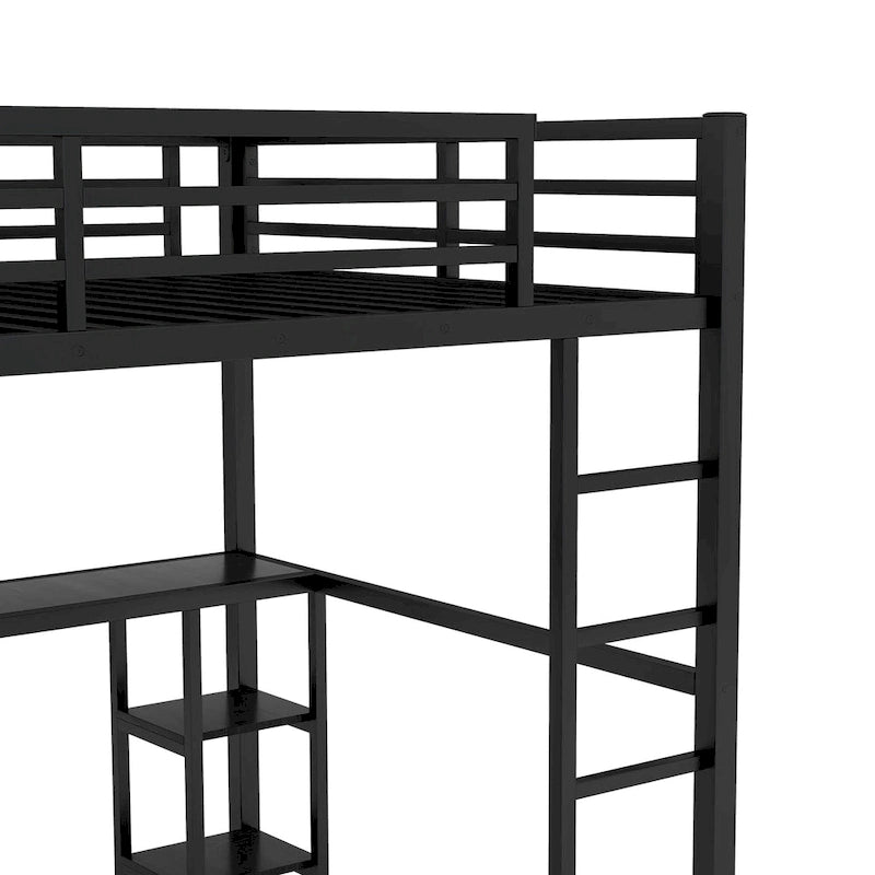 Lit mezzanine Queen noir avec armoire intégrée, bureau et étagères de rangement, design peu encombrant