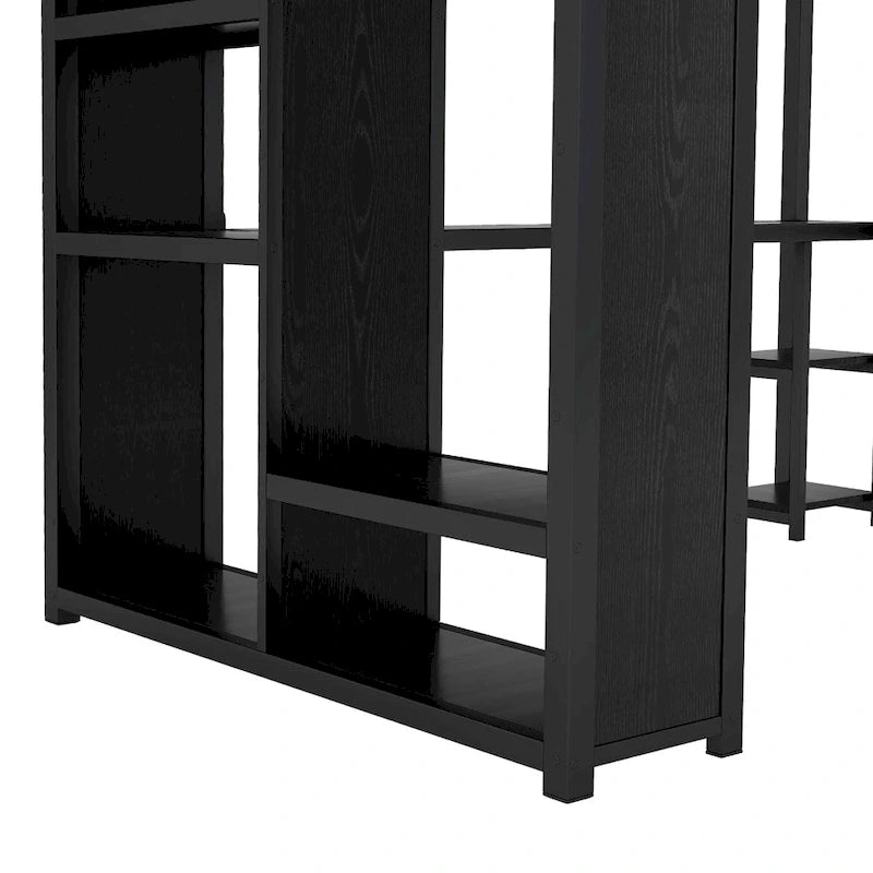 Lit mezzanine Queen noir avec armoire intégrée, bureau et étagères de rangement, design peu encombrant