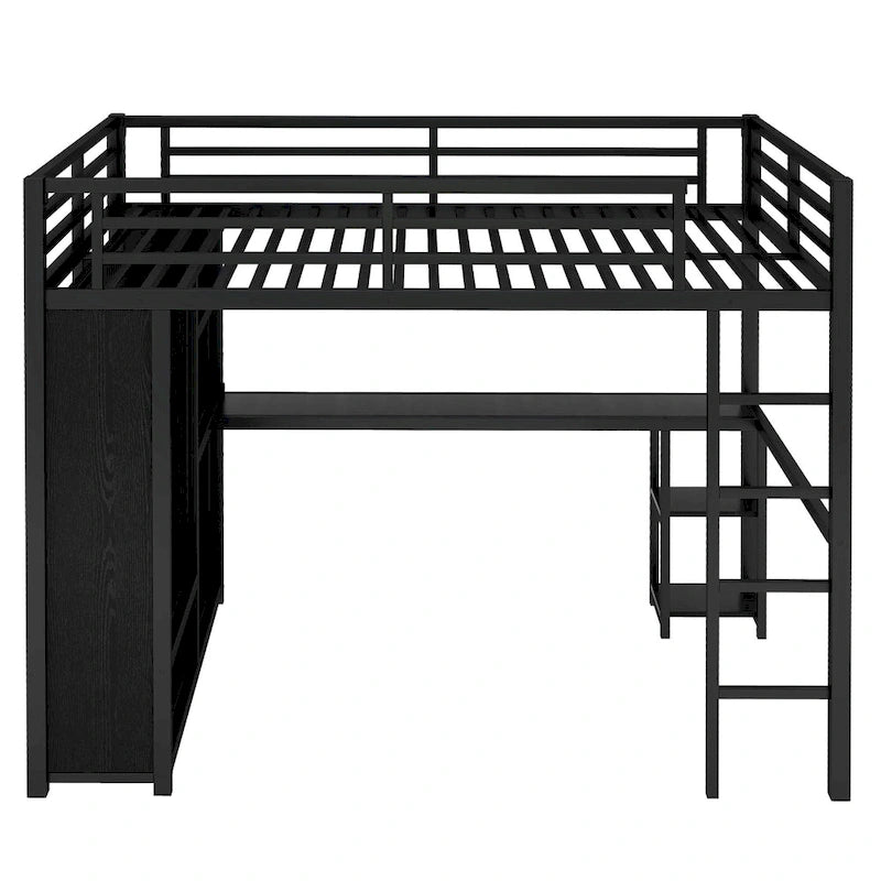 Lit mezzanine Queen noir avec armoire intégrée, bureau et étagères de rangement, design peu encombrant