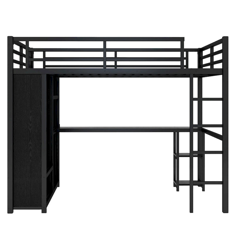 Lit mezzanine Queen noir avec armoire intégrée, bureau et étagères de rangement, design peu encombrant