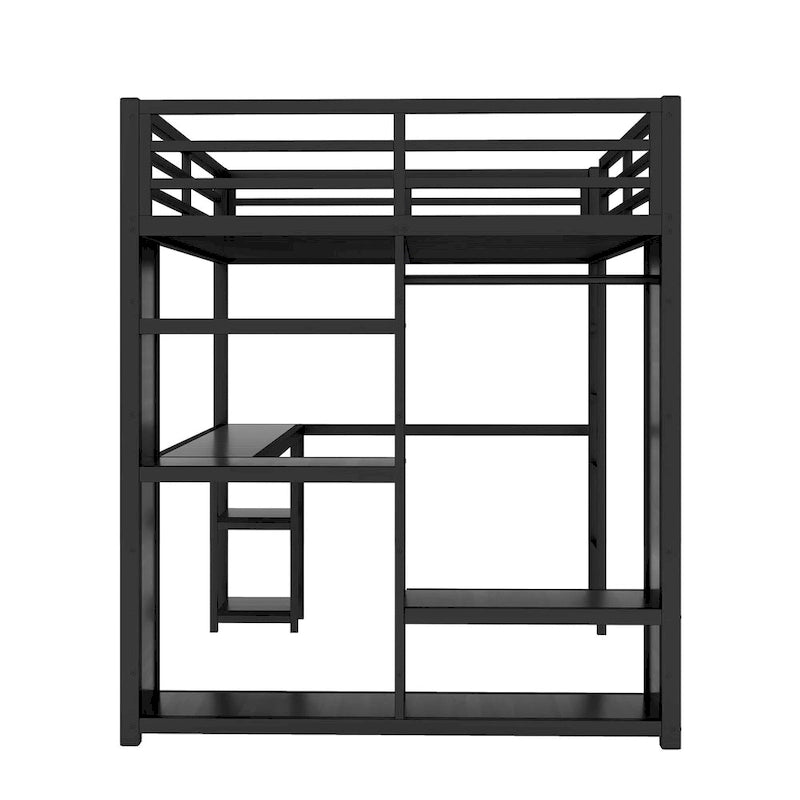 Lit mezzanine Queen noir avec armoire intégrée, bureau et étagères de rangement, design peu encombrant