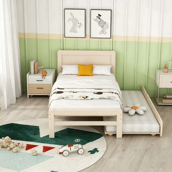 Lit plateforme double blanc en bois massif avec lit gigogne et tête de lit moderne en bois