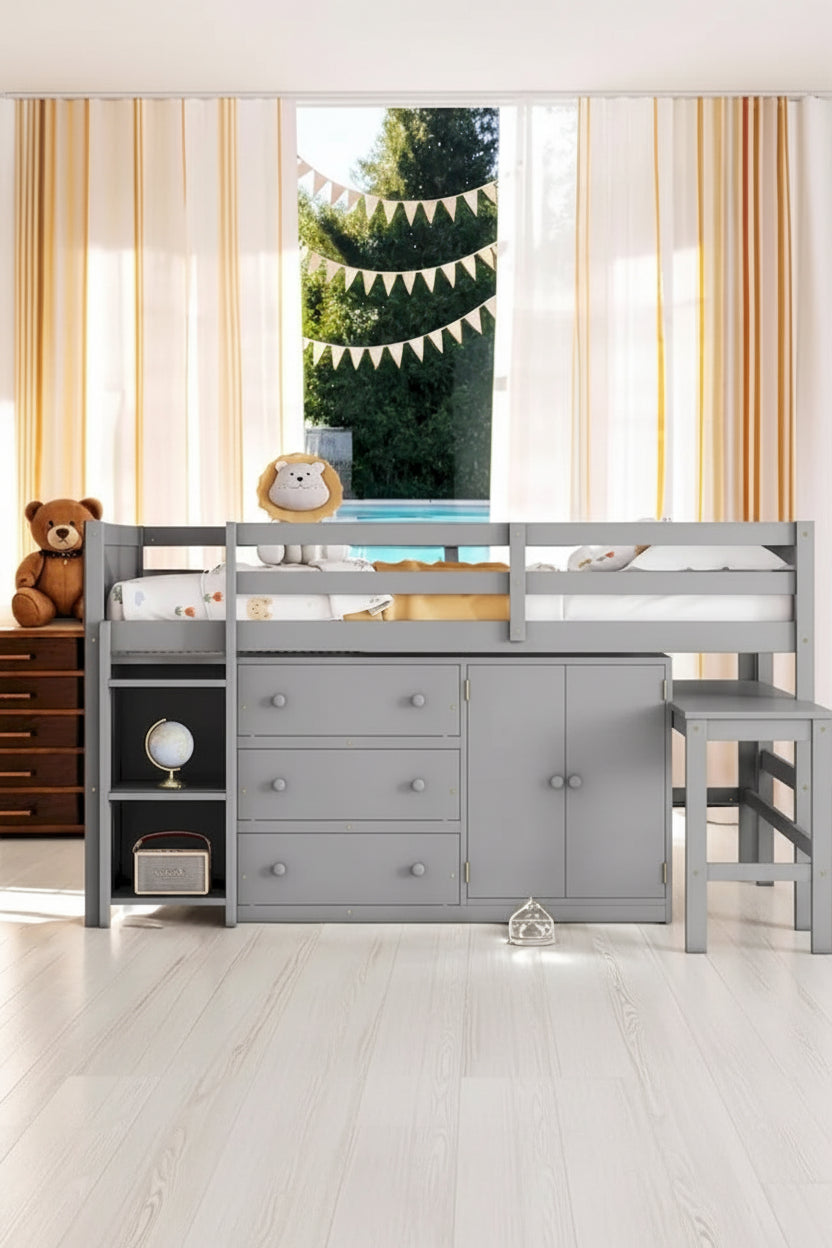 Twin Size Wood Loft Bed with Pull-Out Desk,Cabinet and Shelves