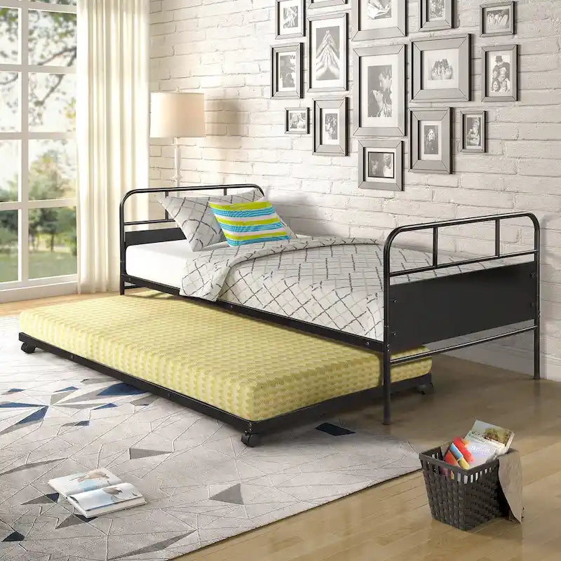 Lit de repos en métal noir, taille double, avec lit gigogne
