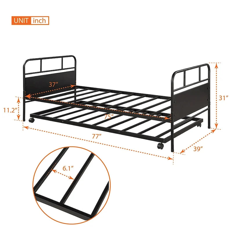 Lit de repos en métal noir, taille double, avec lit gigogne