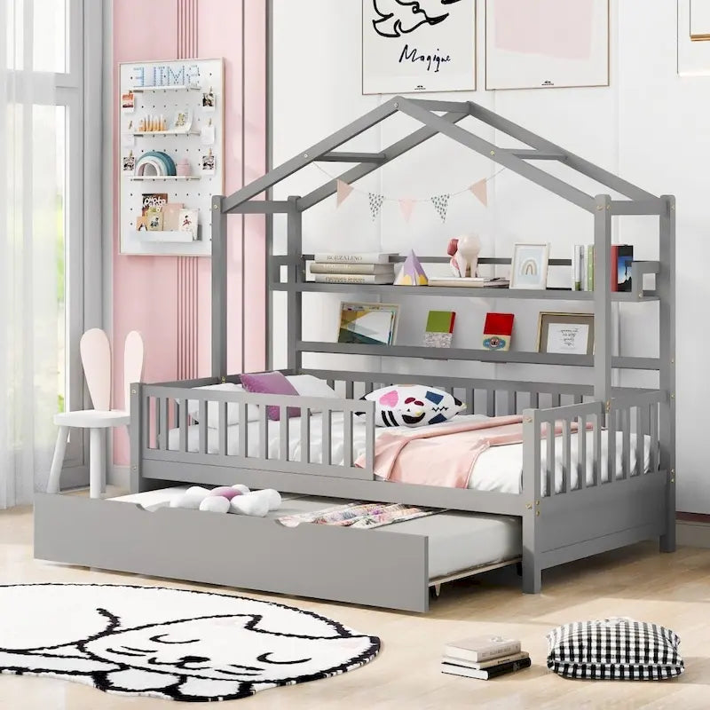 Lit cabane en bois de taille double avec lit gigogne double