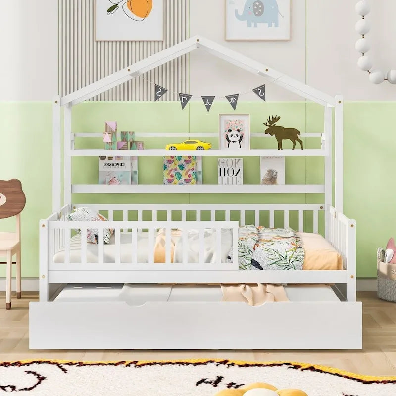 Lit cabane en bois de taille double avec lit gigogne double