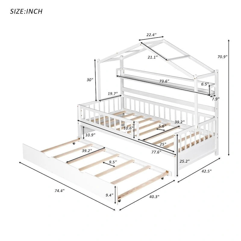 Lit cabane en bois de taille double avec lit gigogne double
