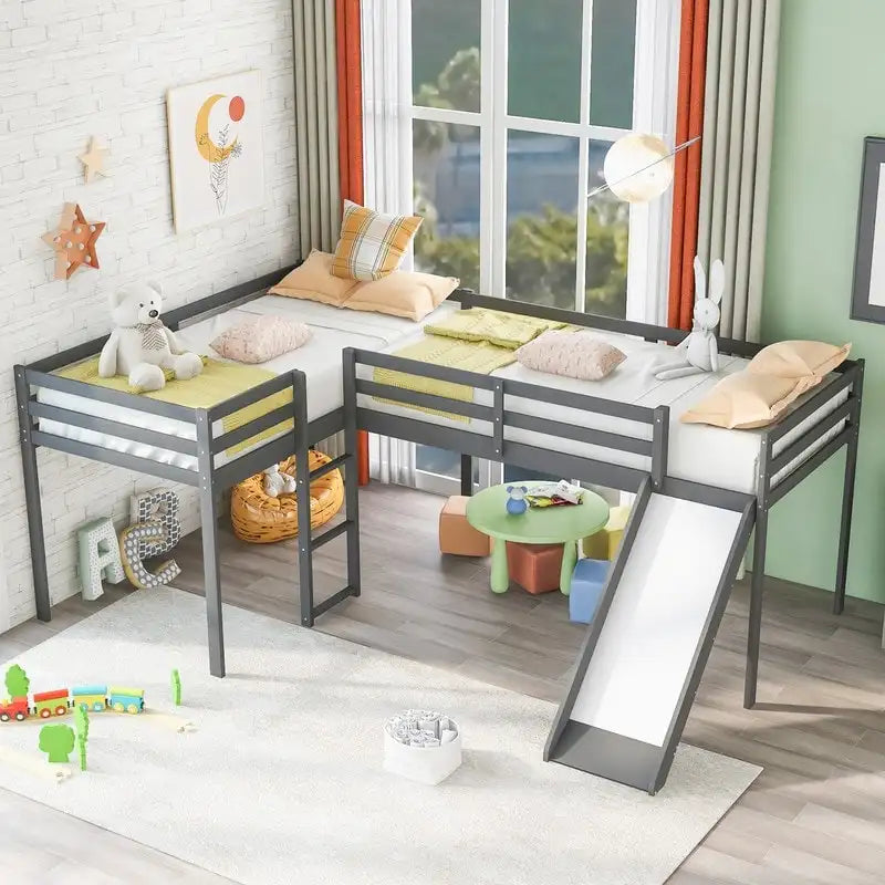Wooden Twin Size L-Shaped Loft Bed with Ladder and Slide