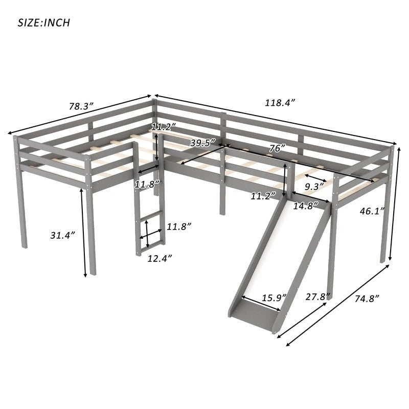 Lit mezzanine double en forme de L en bois avec échelle et toboggan