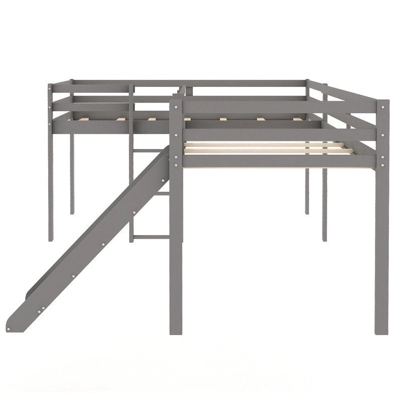 Lit mezzanine double en forme de L en bois avec échelle et toboggan