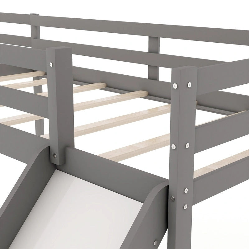 Lit mezzanine double en forme de L en bois avec échelle et toboggan