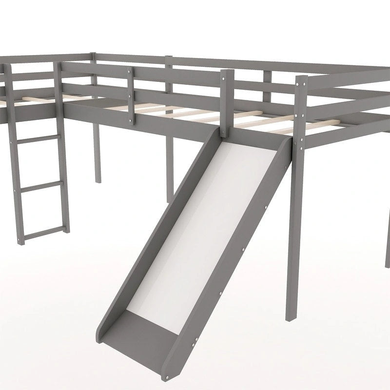 Lit mezzanine double en forme de L en bois avec échelle et toboggan