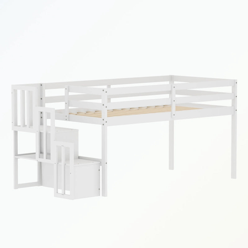 Lit mezzanine double avec escalier de rangement et garde-corps pleine longueur